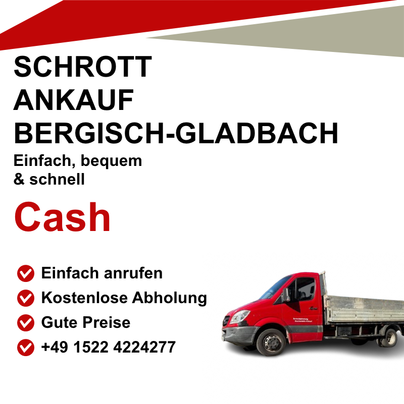 Kostenlose Schrottabholung in Bergisch Gladbach : Faire Preise für Altmetall wie Kupfer, Messing, Aluminium. Schnell, zuverlässig und umweltgerecht. 📞01522-422-4277.